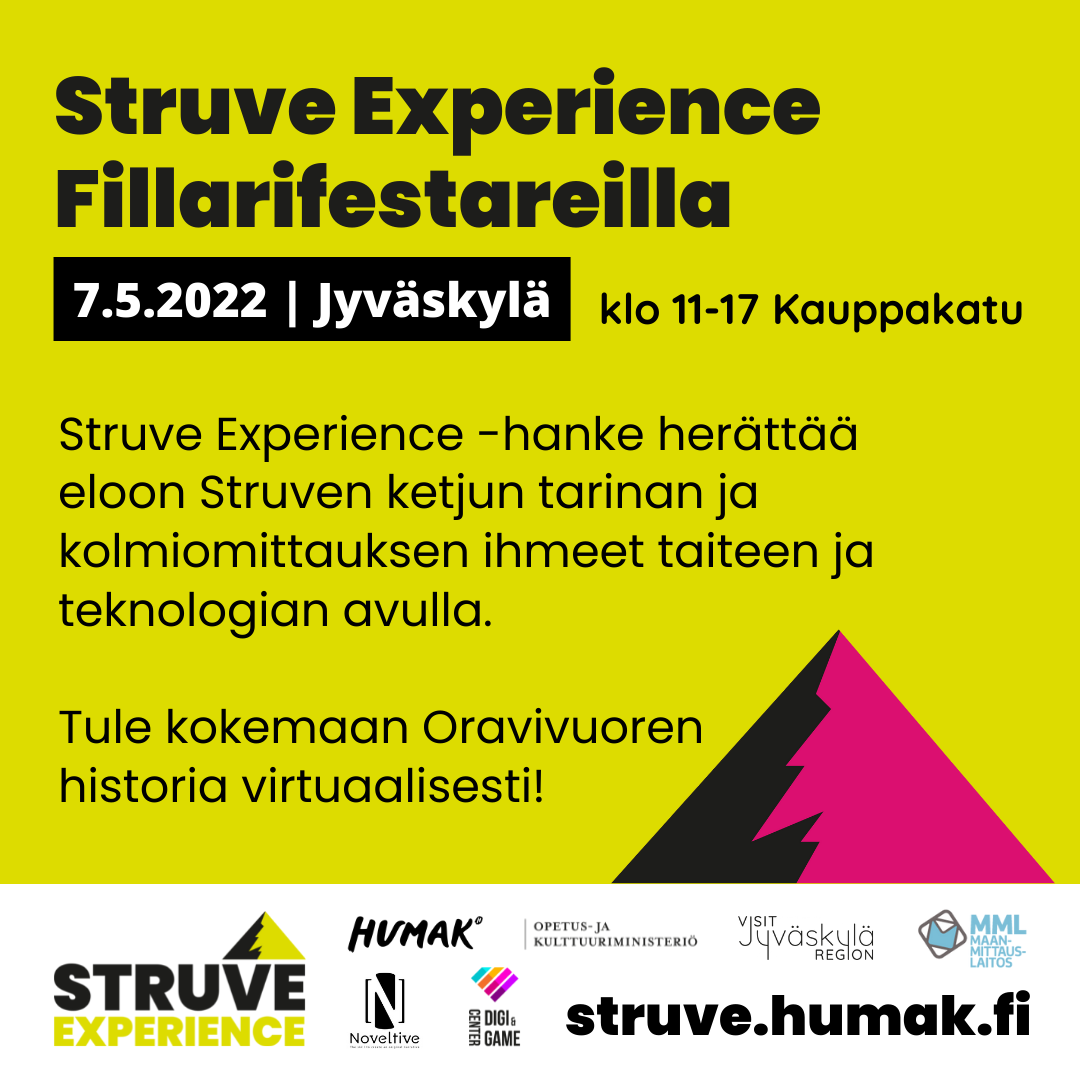 Struve Experience osallistuu Jyväskylän Pyöräilyseuran järjestämille Fillarifestareille osana Jyväskylän Pyöräilyviikkoja 7.5.22. Hanke esittelee siellä VR-demoa. Oravivuoren etäelämyksestä.